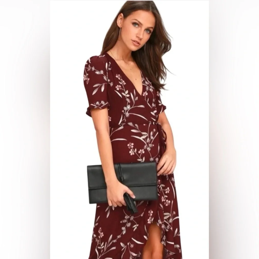 Lulus Wild Winds Burgundy Floral Print High-Low Wrap Dress - Picture 4 of 10